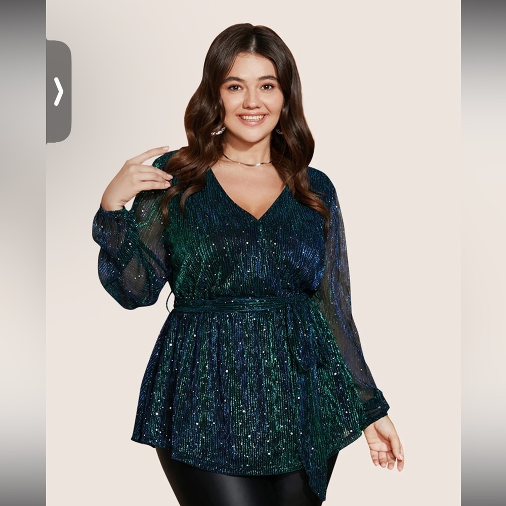 BloomChic Sequin Mesh Lantern Sleeve Wrap Belted Striped Blouse Green Blue Sz 12